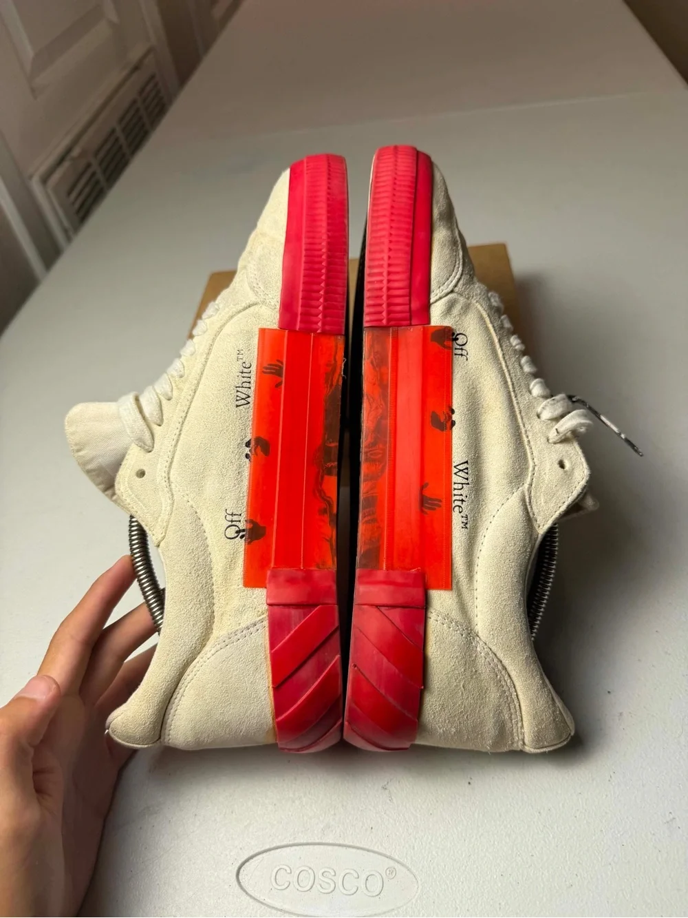 OFF-WHITE White Suede & Red Vulcanized Heel Low-Top Men's Sneakers Sz 45 / US 12